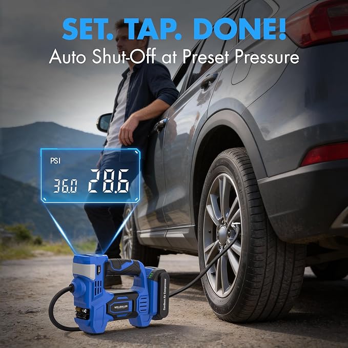 Tire Inflator Portable Air Compressor,20V Cordless Tire Inflator with 150PSI Max,4X Faster Portable Air Pump,Battery Powered Pump with Digital Pressure Gauge for Car Tires,Motorcycle,Bike,Balls