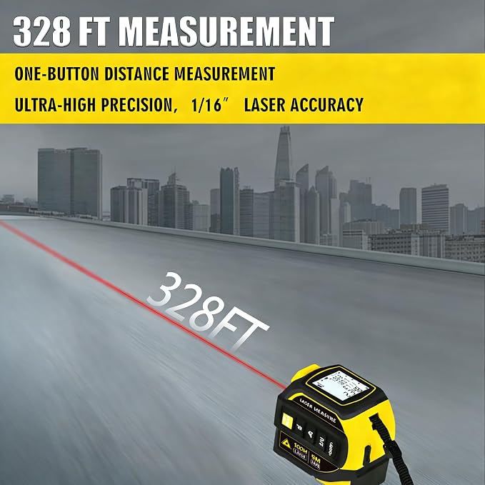 4-in-1 Laser Tape Measure 328FT, Digital Laser Distance Meter,16FT Steel Tape, Dual-Axis Electronic Angle & Crosshair Level,Area/Volume/Pythagorean,LCD Rechargeable Measuring Tool(Yellow)