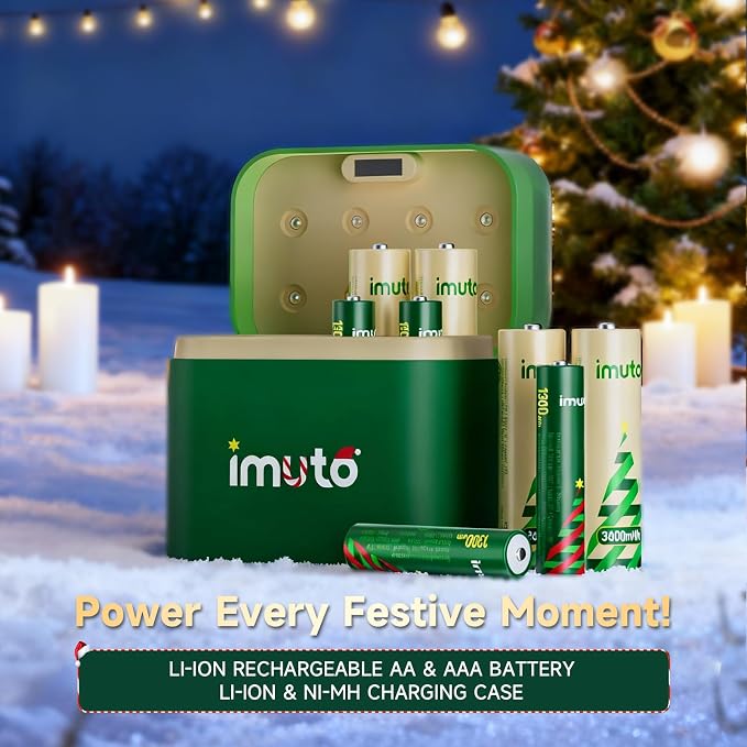 imuto AA & AAA Rechargeable Battery Kit with 8-Slot USB-C Charger | 4 Pcs 3600mWh AA, 4 Pcs 1300mWh AAA, Christmas Style Charger Compatible with NiMH & Li-ion, Ideal for home electronics