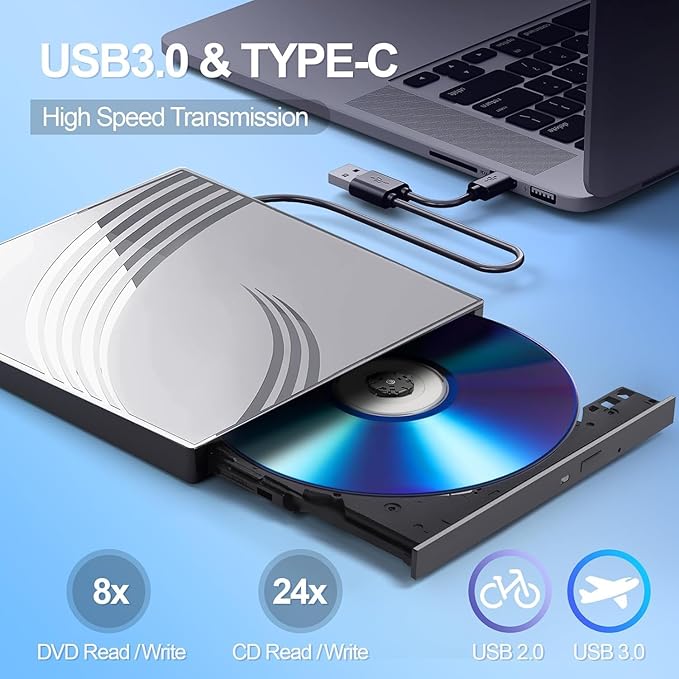 BPAKDU External CD/DVD Drive for Laptop with Carrying Case,DVD Player for Laptop,Portable CD Burner with 4 USB Ports, 2 TF/SD Card Slots,CD Disk Drive Player Reader Write