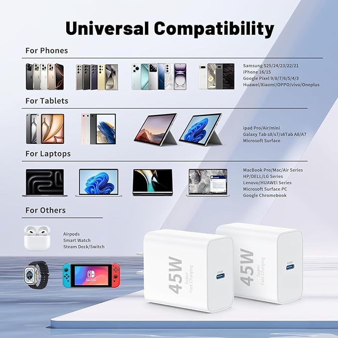 45W USB C Fast Charger for iPhone 17/16/15, 2Pack USB-C Charger Block and 10ft Type C to C Fast Charging Cable Cord Long for Apple iPhone 17 Pro Max/17 Air/16e/16/15 Plus/iPad/MacBook/Samsung Galaxy