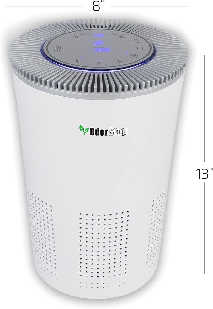 OdorStop HEPA Air Purifier with H13 HEPA Filter, UV Light, Active Carbon, Multi-Speed, Sleep Mode and Timer (Bright White)