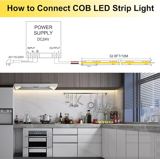 Pandery LED Strip Lights 32.8FT,Dimmable cob led Strip with Adapter and Remote,Superbright 24V led Tape,CRI90+,2700K Warm White led Strips,Indoor Perfect for Cabinet,Room,Kitchen,TV,Mirror