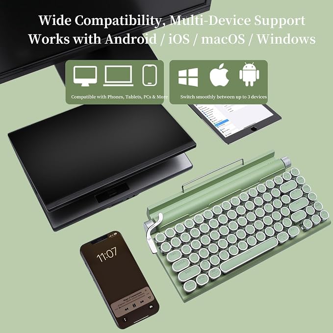 Adventurers Retro Typewriter-Style Mechanical Keyboard, 83 Keys, 75% Compact Layout, Bluetooth 5.0 and Wired, Hot-Swappable Blue Switch, White Backlit for Windows/Mac/iPad/PC/Laptop (Light Green)