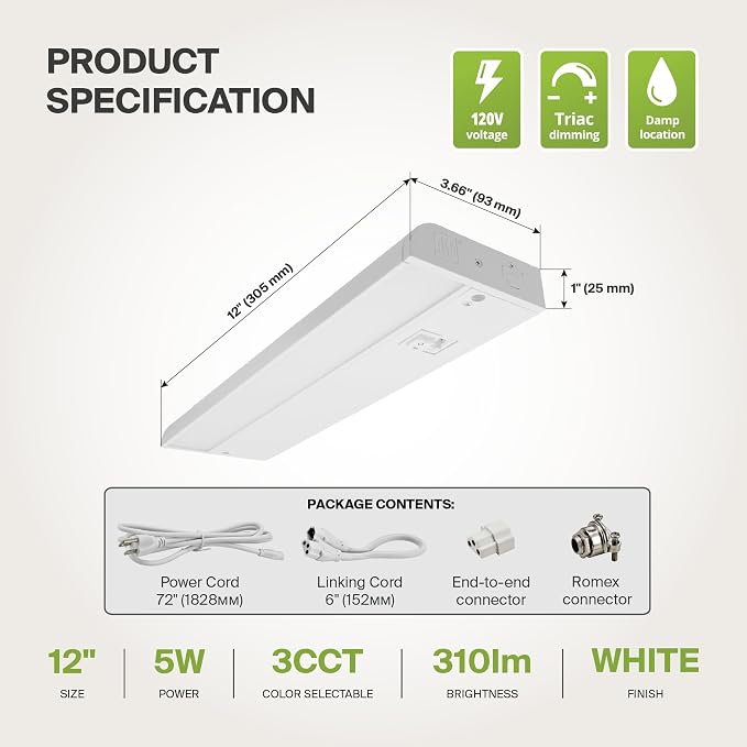 ASD LED Under Cabinet Lighting Plug in or Hardwired 12 Inch, Dimmable Under Cabinet Lights with High/Low/Off Switch, 3CCT 2700K-4000K, Linkable Under Counter Lights for Kitchen, ETL Listed, White