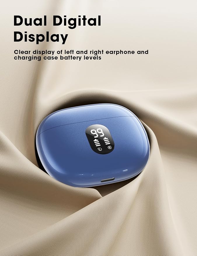 Wireless Earbuds Deep Bass Sound Ear Buds, Bluetooth 5.3 Headphones 48H Playtime, LED Display Earphones with Mic, IPX7 Waterproof Lightweight in-Ear Buds, Touch Control for iPhone TV Laptop Blue