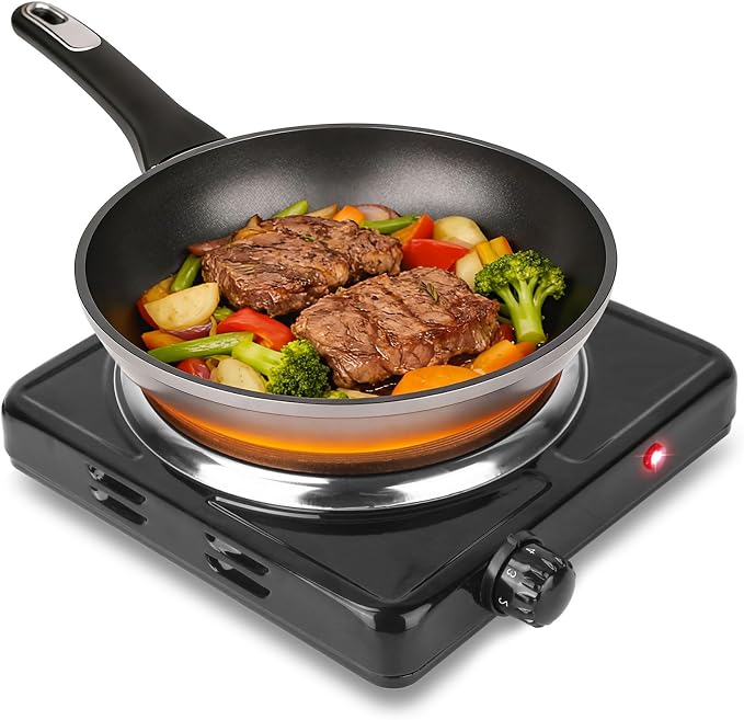 Portable Hot Plate, 1500W Cast Iron Single Countertop Burner, Electric Stove with 5 Levels Adjustable Temperature, Cooktop for Home RV Camping, Easy to Clean, Black