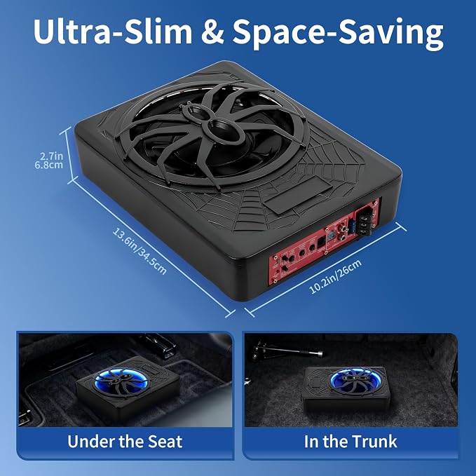 10" Slim Car Subwoofer 1200W Underseat Powered Subwoofer Car Audio Subs for Trucks Active Bass Speaker for Car Built-in Amplifier with Blue LED Ambient Light Low & High Level Inputs