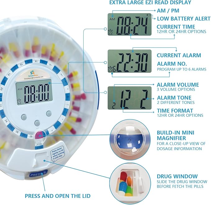 28-Day Automatic Pill Dispenser with Alarm for Elderly, Sound & Light Alerts, Smart Medication Organizer for Seniors, Locked Medication Dispenser for Multiple Vitamins, Supplements or Prescriptions