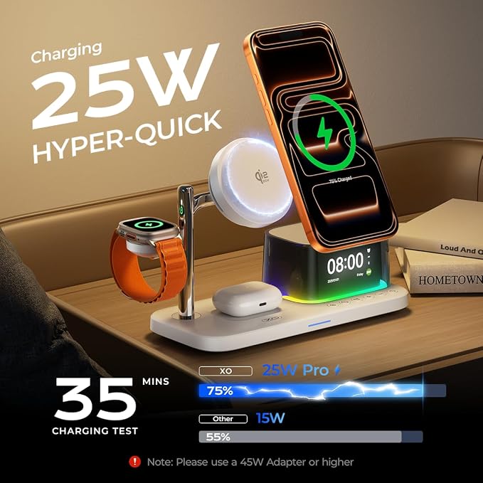 QI2.2 Charging Station for Apple Device【 25W Fast Charging+Cooling Fan】 5in1 Magnetic Wireless Charger with Speaker and Alarm Compatible with MagSafe for iPhone/Watch/AirPod (45W Adapters Included)
