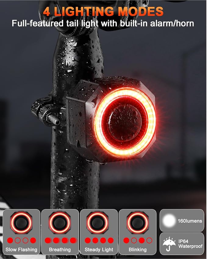 ONVIAN Bike Light Kit with Anti-Theft Alarm, USB Rechargeable Super Bright Bike Headlight and Taillight for Night Cycling,5+4 Modes Bicycle Turn Signals for Ebike,IPX6/IP64 Waterproof