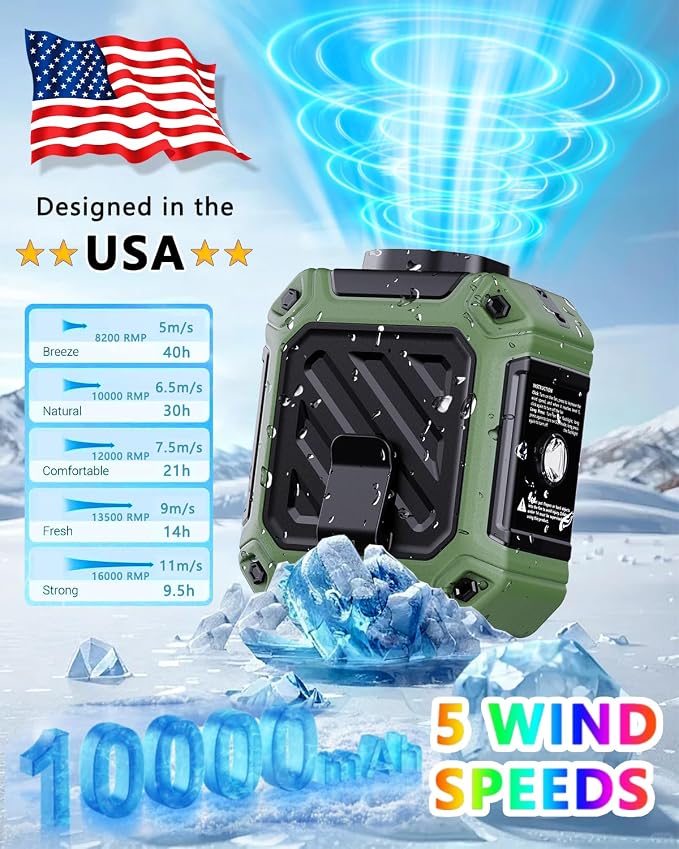 AI Portable Waist Fan 10000 mAh Rechargeable with LED Display & 40H Runtime, 5 Speed 16000RPM Cooling Personal Clip on Neck Fan for Outdoor Work, Jobsite, Camping, Green