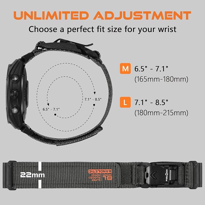 Bandletic Compatible with Garmin Fenix 5 6 7 Watch Band - 22mm Easy-Fit Rugged Nylon Strap with Magnetic Fidlock V-Buckle for Fenix 8 47mm/7 6 Pro/5 Plus/Forerunner 965/945/Approach S62/Instinct 3 2