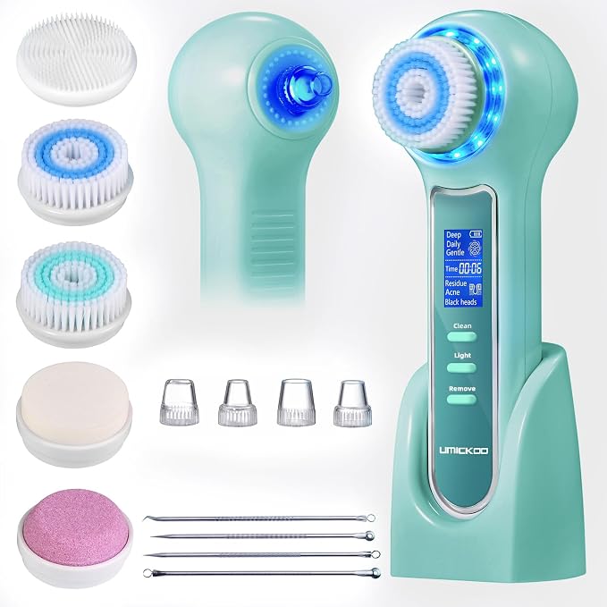 UMICKOO Face Scrubber Exfoliator,Facial Cleansing Brush Waterproof with LCD Screen,Blackhead Remover Vacuum with 5 Brush Heads,Face Spin Brush for Exfoliating (Mint-Green)