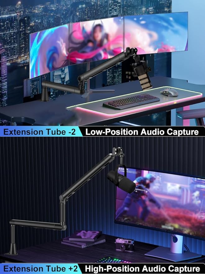 Low Profile Mic Arm Stand,Adjustable Desk Clamp Mic Boom Arm with 360°Swivel and Detachable Rise Column，Built-In Cable Management,with Mic Clip 3/8" to 5/8",For Podcasting and Streaming