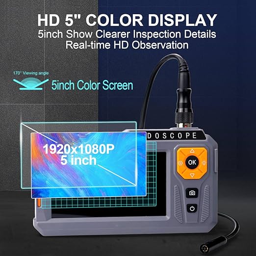 Dual Lens Endoscope Camera with Light, 5‘’ IPS Screen Borescope Inspection Camera with 32GB Card, Photo/Video Recording Snake Camera, Waterproof Semi-Rigid Cable for Automotive Plumbing Drain Wall | 5-Inch Dual Lens Endoscope Camera suitable for mechan...