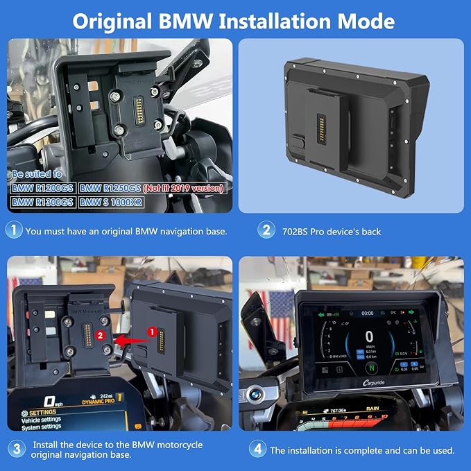 CARPURIDE W702BS for BMW Motorcycle CarPlay & Android Auto Dual Bluetooth, 7" Waterproof GPS Navigation Screen, Data Reading, Native Wonder, TPMS, Light Sensor, Music Sharing, Intercom, 16-Pin