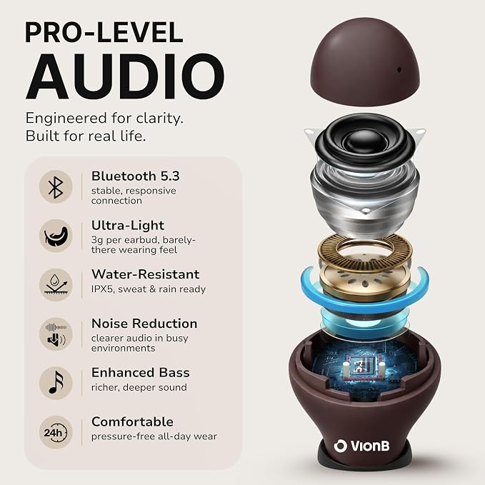 Air VionB Skin Tones Invisible Earbuds for Small Ears - Wireless Bluetooth 5.4, Skin-Matching Mini Stemless Ear Buds, IPX5 Waterproof, ENC Noise Cancelling, Discreet for Work (Deep Espresso)