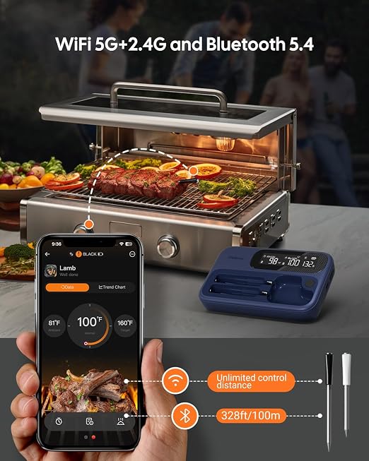Wireless Meat Thermometer for Grilling and Smoking, Fitflavor 5G WiFi Meat Thermometer Bluetooth for Grill BBQ, Food Cook Oven Grilling - Dual Probes, Rechargeable