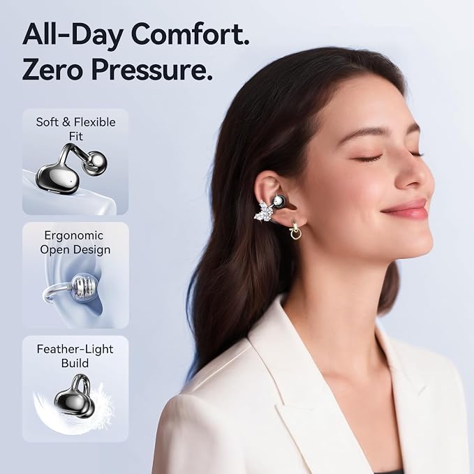 Kinglucky Gen2 Clip-On Earbuds with Butterfly Earrings, Black | Charge & Store Without Removing Earrings, Comfortable Fit, 50H Playtime, Open-Ear Bluetooth Headphones, For Women, Small Ears