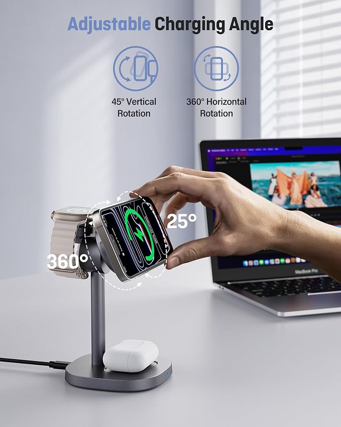 Augnner 3 in 1 Wireless Charging Station, 25W Certified Fast Magnetic Charger, Mag-Safe Wireless Charger Stand with TEC Active Cooling, for iPhone17/16/15/14/13/12, Apple Watch/AirPods