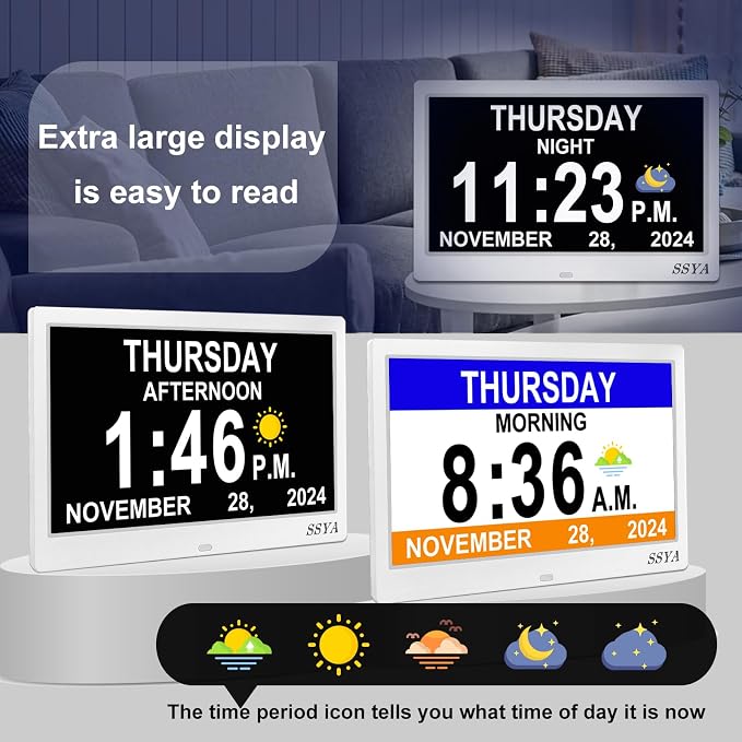 SSYA Dementia Clock for Seniors, Digital Clock with Date and Day of Week, Auto DST, Non-Abbreviated Large Calendar Alarm Clocks (White)