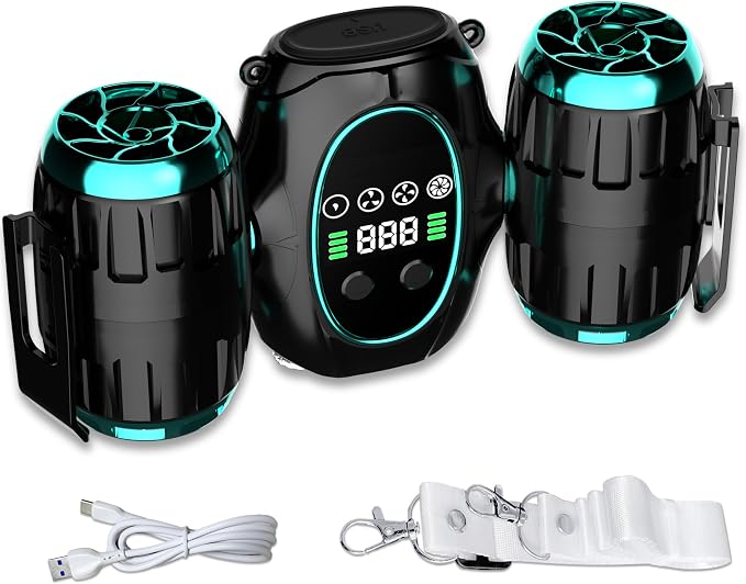 Portable Waist Fan, Shirt Fan with Light, 2025 Upgrade Cool Clip Rechargeable,8000mAh Power Bank,4 Speeds 12000RPM Strong Airflow for Camping Travel Fishing Hiking Cycling (Green Black)