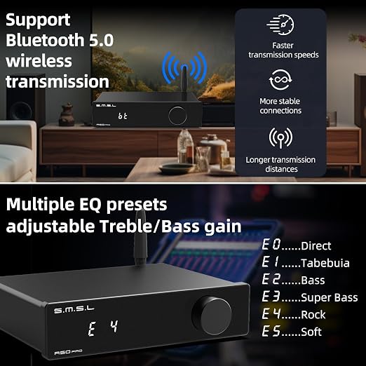 S.M.S.L A50 PRO HiFi Power Amplifier, High/Low pass filter 2.1-Channel, Infineon's MA12070P Chip, Bluetooth 5.0/USB/Optical/HDMI/AUX input Passive subwoofer with adjustable volume, with Remote Control