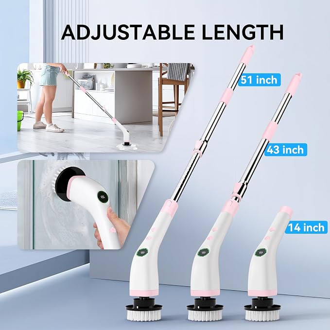 Electric Bathroom Cleaning Brush, Cordless Spin Scrubber Full Body Waterproof IPX7 with Adjustable Handle, 8 Replaceable Brush Heads for Bathtub/Kitchen/Window/Home -SD-CTB01
