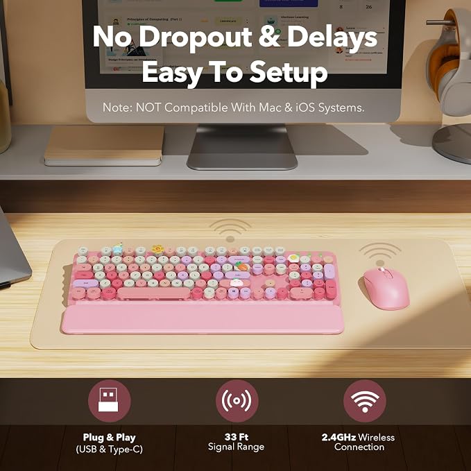 Wireless Keyboard and Mouse Combo, Cute Retro Typewriter Keyboard with Round Keycaps and Magnetic Wrist Rest, Full-Size 2.4GHz Cordless for Mac, Windows PC, Laptop, SABLUTE CK23, Pink Multi-Color