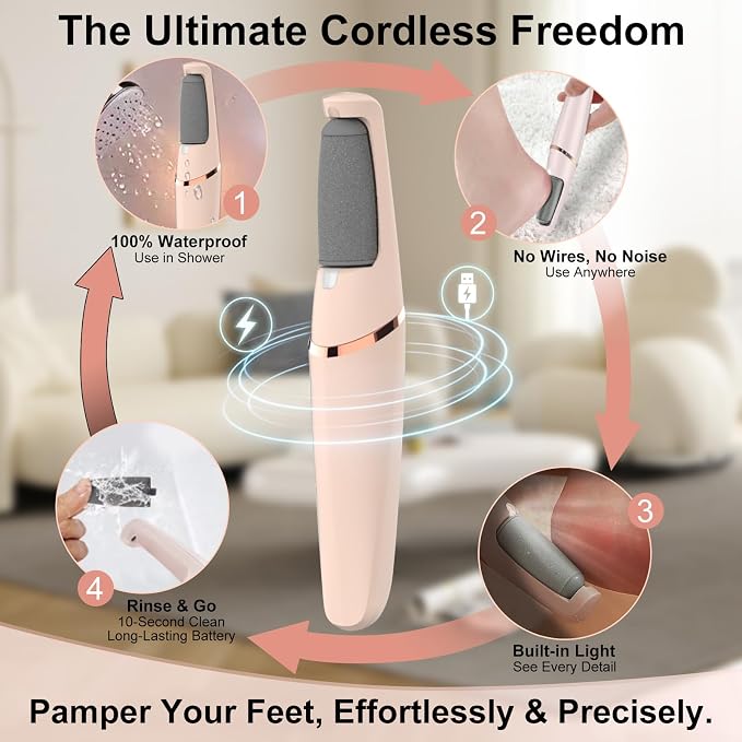 Electric Foot File, Callus Remover for Feet - Rechargeable Pedicure Tool, 2 Speeds 1700/2000 RPM & 2 Heads for Dry & Dead Cracked Skin, Cordless Waterproof Hard Skin Removal, Home Pedicure Gift