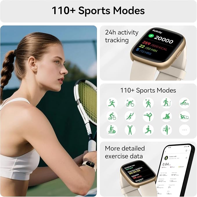 Smart Watch with Alexa Built-in, 1.83" HD Touchscreen Fitness Tracker with Bluetooth Calling, Fitness Watch with Heart Rate/Sleep Monitor/120+ Sports, IP68 Waterproof Smartwatch for Android iOS, Cream