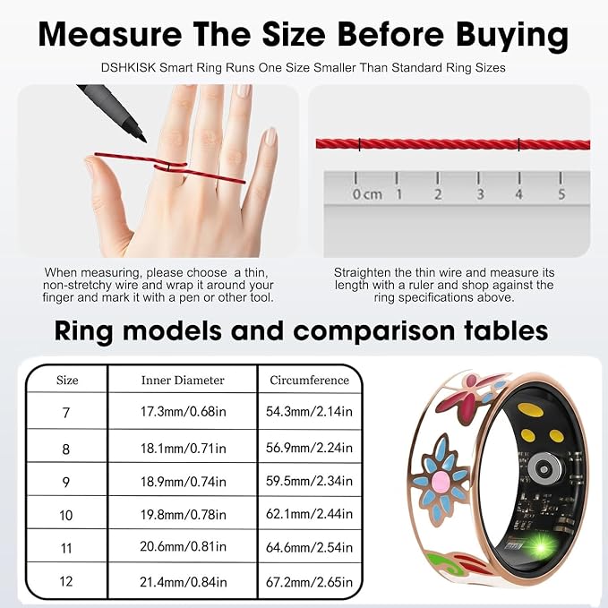 Smart Ring for Women Fitness Tracker with Heart Rate, SpO2, Blood Pressure & Sleep Monitoring, IP68 Waterproof, Long Battery Life, No Monthly Fees, for iPhone Android (8#&Floral)