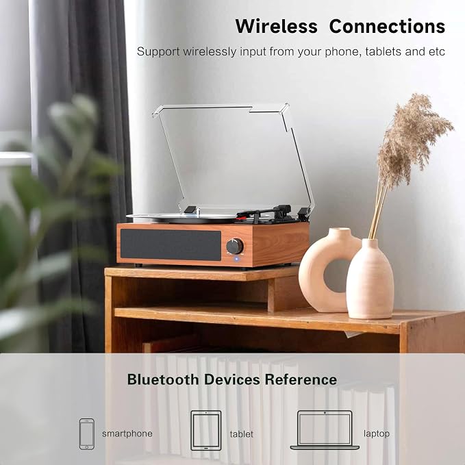 Vintage Record Player with Built-in Stereo Speakers Turntable Vinyls Records LP Phonograph Belt Drive 3 Speed 3 Size Support Wireless Input RCA Output Auto Stop Retro Wooden Walnut Red