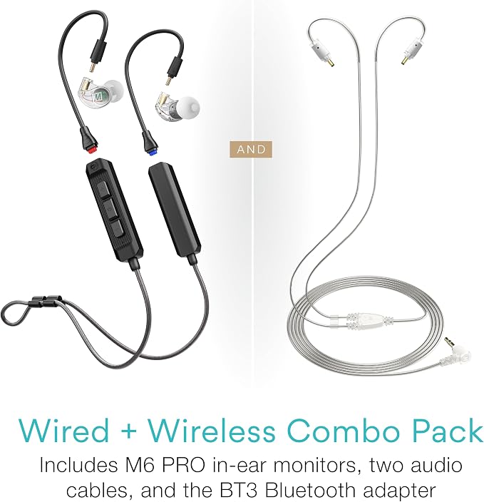 MEE audio M6 PRO Musicians' In-Ear Monitors Wired + Wireless Combo Pack: Includes IEMs, 2 Audio Cables and BT3 Hi-Res Bluetooth Audio Adapter w/aptX, LDAC, Auracast Support, & Built-In Headset (Clear)