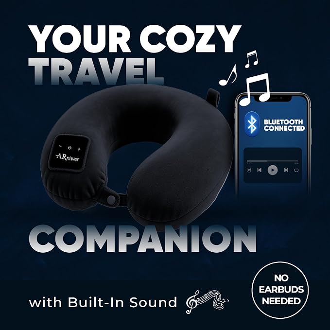 Bluetooth Music U Shaped Neck Pillow Wireless Bluetooth Speaker Memory Foam Suitable Airplane,Bus,Train,Car,Office,and Outdoor Camping The Best Travel Essentials. (Black)