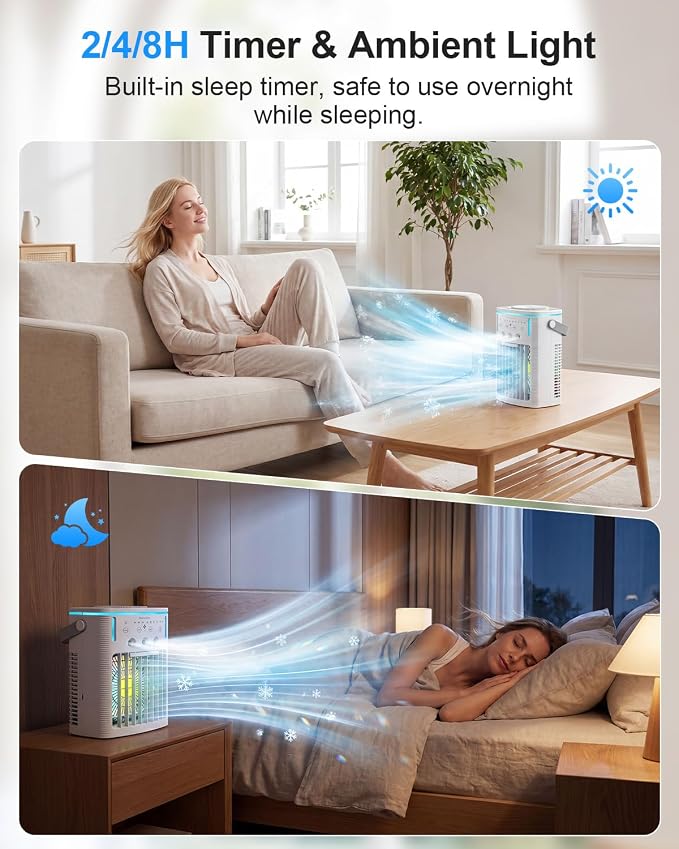 Portable Air Conditioners, Ultra-Quiet Mini AC Fan with 2-4-8H Timer, Remote Control, 3 Speed & Cool Mist, 3 Ultrasonic Nozzles, 7 Color Light, 1000ml Personal Evaporative Air Cooler for Office, Room