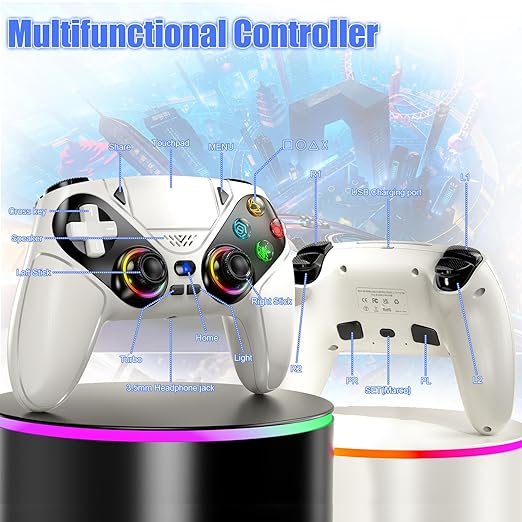 Dinosoo RGB Wireless Controller for PS5/PC/Mobile – Bluetooth Gamepad with Turbo, Macro, Dual Vibration, 6-Axis Gyro, 3.5mm Audio Jack, Built-in Speaker & 1000mAh Battery-White