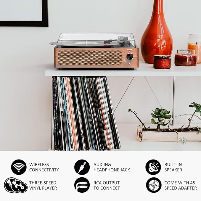 Vinyl Record Player with Speakers Vintage Turntable for Vinyls Records Belt-Driven Turntables 3-Speed Bluetooth Playback Headphone AUX RCA Line LP Vinyls Players for Sound Enjoyment Retro Brown