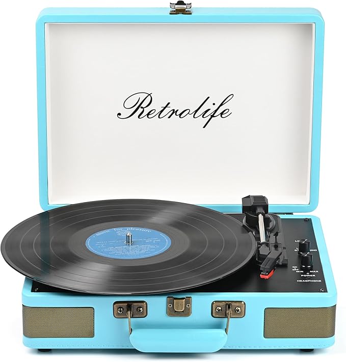 Record Player 3 Speed Bluetooth Portable Suitcase Vinyl Player with Built-in Speakers Turntable Enhanced Audio Sound PU Leather Vintage