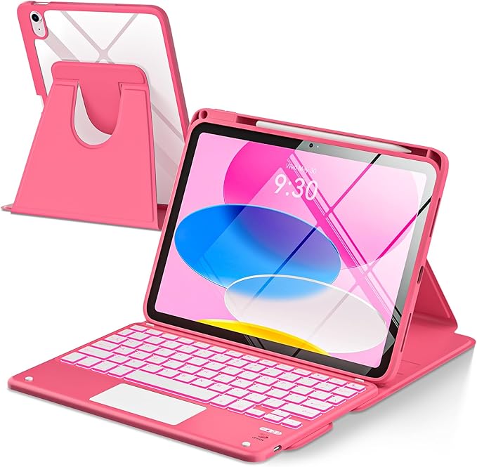 Touchpad for iPad A16 11th/10th Generation Case with Keyboard, 7 Color Backlit 360 Rotation Cover with Pencil Holder,Detachable Keyboard for iPad 11 inch 2025/10th Gen 10.9'' 2022 (Watermelon Red)