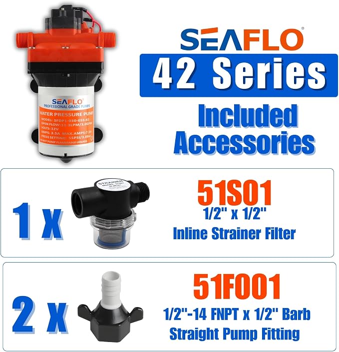SEAFLO 42 Series On Demand Water Pressure Pump 12V 3.0 GPM 55PSI, with Bypass for Reduced Cycling, Self-Priming, For Marine/RV/Off-Grid, CE & Rohs Certified, UL Listed, 4-Year Warranty