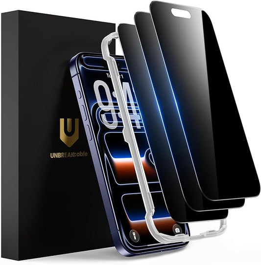 UNBREAKcable Privacy Screen Protector for iPhone 17 Pro (6.3"), 25° Anti-Spy Tempered Glass, Easy Install Alignment Frame, Case-Friendly, 9H Hardness, Anti-Fingerprint, 3-Pack