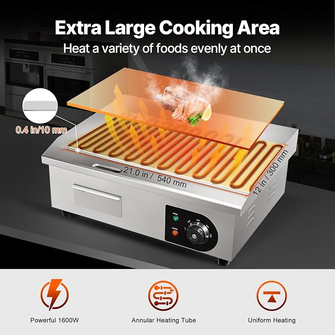 VEVOR Commercial Electric Griddle, 22", 1600W Countertop Flat Top Griddle, Stainless Steel Teppanyaki Grill w/Iron Cooking Plate, 122-572℉ Adjustable Temp Control 2 Shovels & Brushes, 110V
