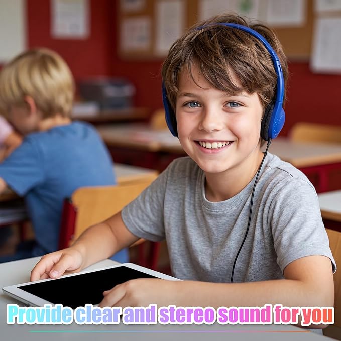 Frienda 48 Pack Classroom Headphones Bulk, Wired School Headsets for Students, Stereo Headphones with 3.5 mm Plug for Classroom, Online Learning, Library(Classic,Navy, Red, Yellow, Purple)