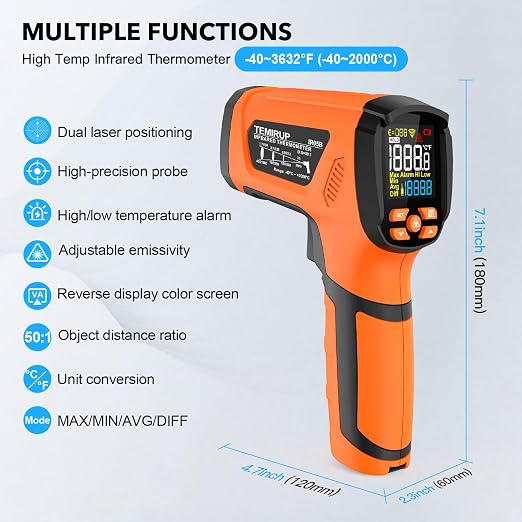 Infrared Thermometer Temperature Gun, -40℉-3632℉, High Temp Thermometer with Thermocouple Probe, Non-Contact 50:1 Pyrometer Dual Laser Thermometer Gun for Engine, Kiln, Forging, Industrial