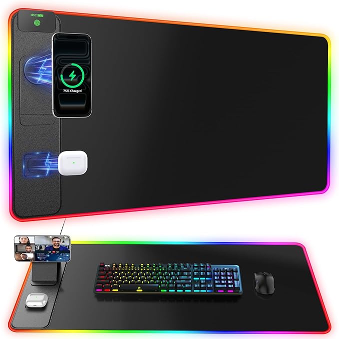 RGB Gaming Mouse Pad with Magnetic Wireless Charging & Phone Stand, 31.5"x15.8" Large, 25 Light Effects, Non-Slip Base, Waterproof Ultra-Smooth Surface, No Adapter