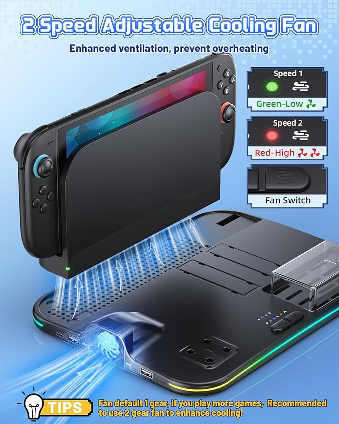 [Switch 2/1 Compatible] FASTSNAIL Charging Dock & Orgainzer Station & Cooling Fan for Nintendo Switch 2/1/OLED, Storage Stand for JoyCon 2/1 with 12 Card Slots, Controller/Headset Holder, 9 RGB Modes