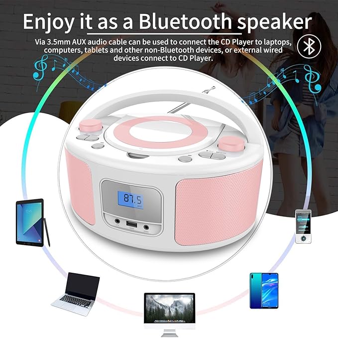 Portable CD Player Boombox with Bluetooth, FM Radio Stereo, Remote Control, USB Input and 3.5mm AUX Headphone Jack, Programmable CD Player, 4 watts of Audio, AC/Battery Powered