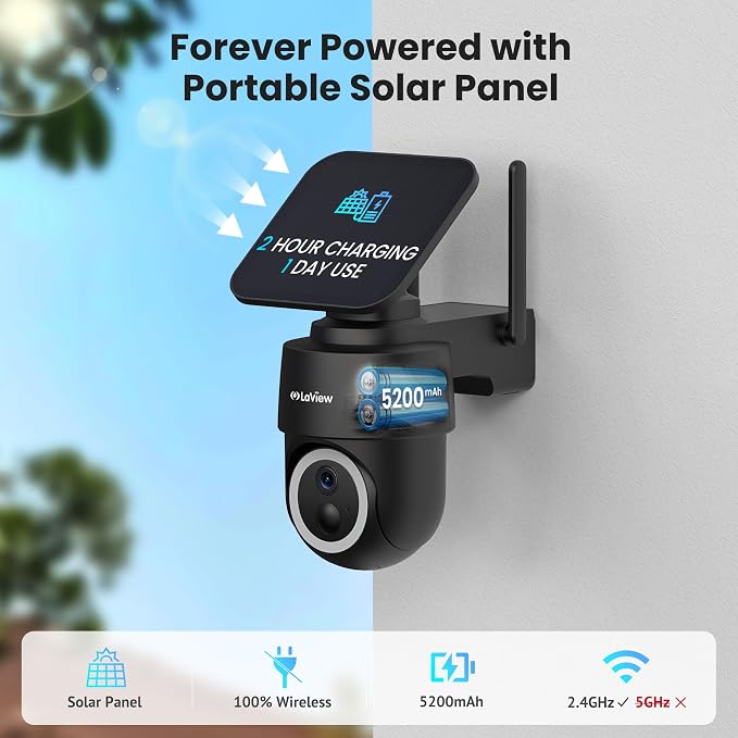 LaView 2K Solar Camera Outdoor Wireless, 100% Wire-Free WiFi Cameras for Home Security, 360° Rechargeable Battery Outdoor Camera, IP65, Color Night Vision, Two-Way Audio, Work with Alexa(4 Pack)